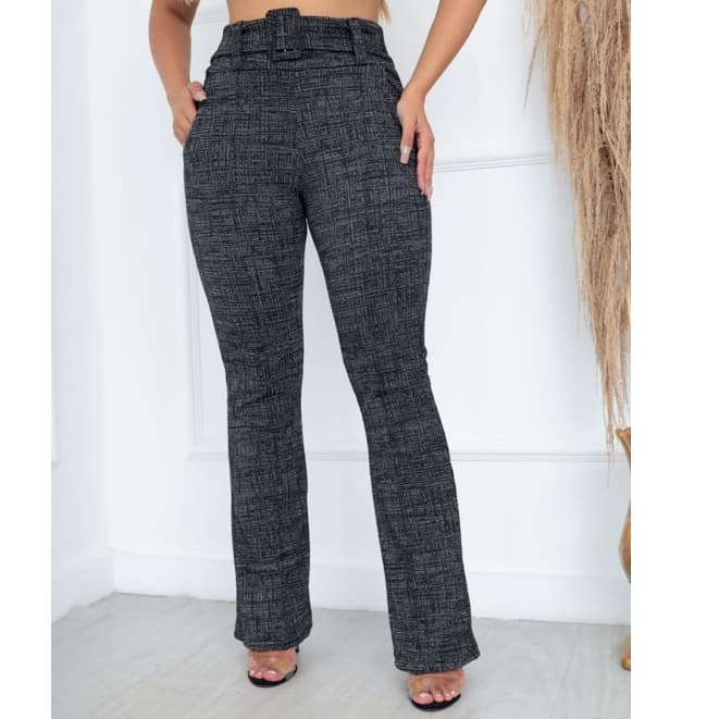CALÇA FLARE JACQUARD LINHO COM  CINTO FIXO NA PEÇA CINTURA ALTA