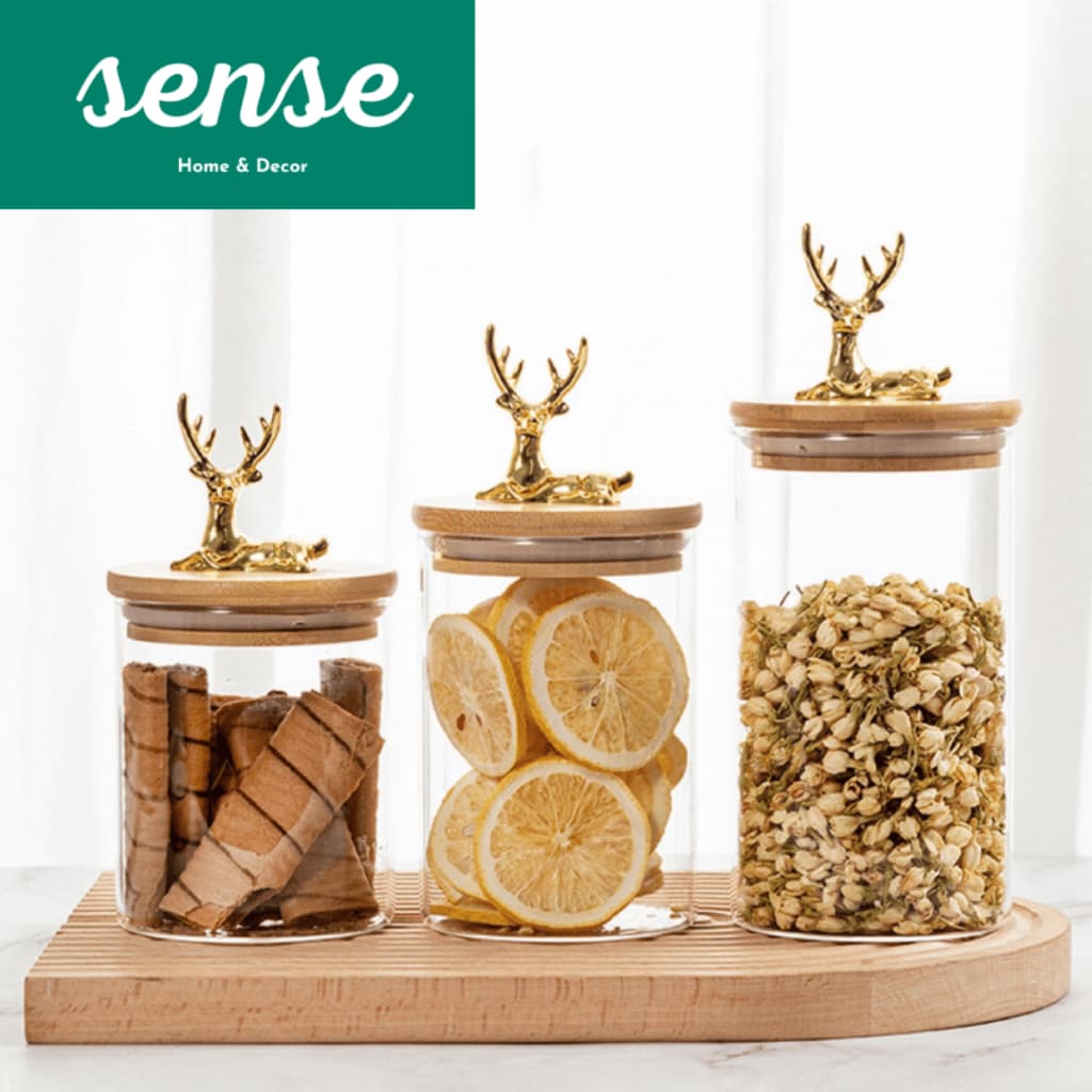 Pote De Vidro Redondo com Design de Cervo Tampa Bambu Hermético 450ml/650ml/750ml