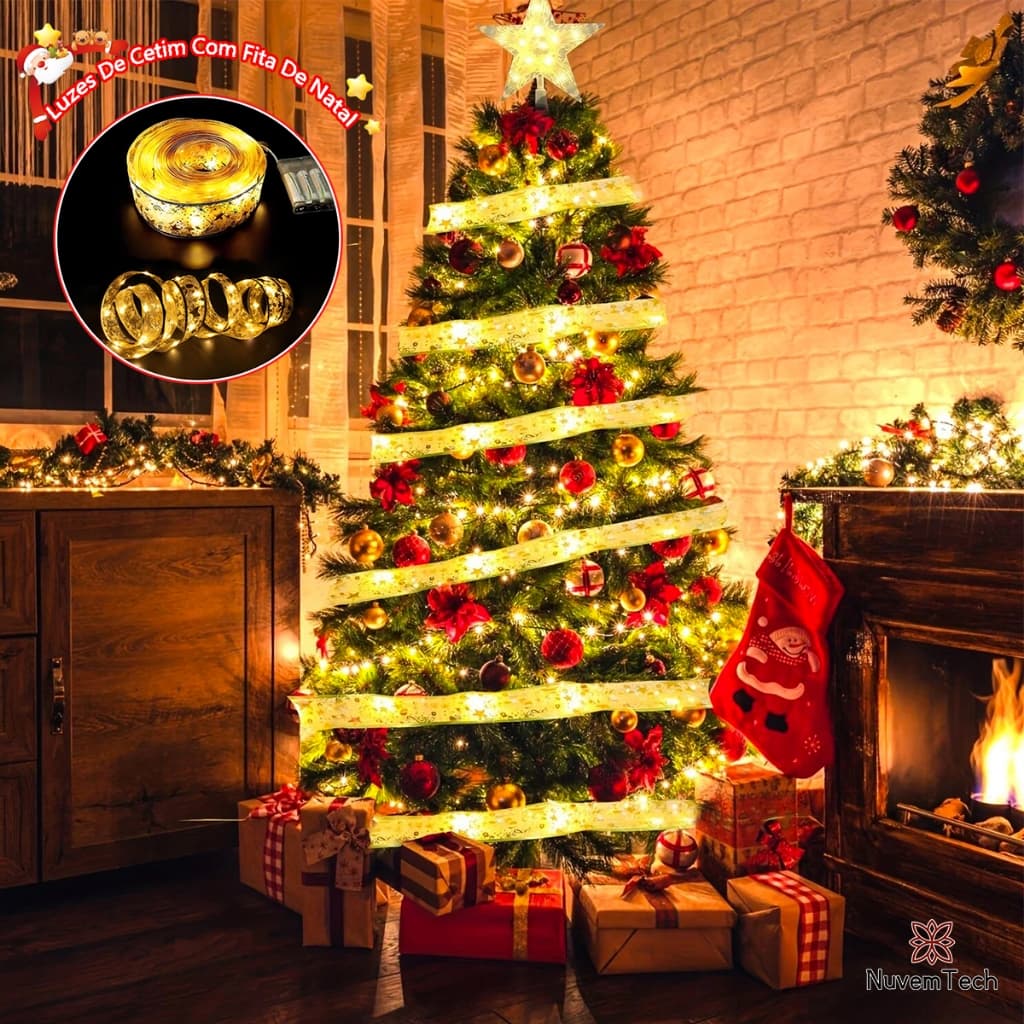 2M 5M 10M Luzes Fita De Natal Led Cetim Laços Fitas Dupla Árvore Decoração Enfeites Natalinos Arame De Cobre