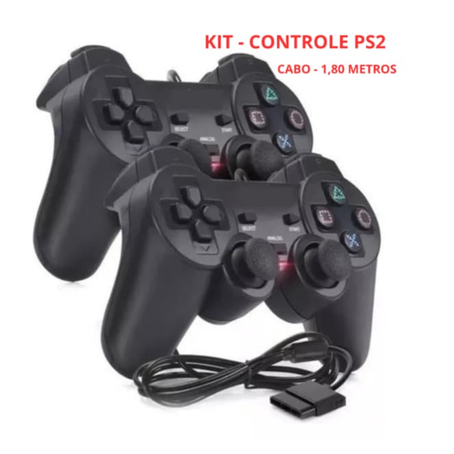 Kit 2 Controle Ps2 Analógico  Com Cabo de 1,80 Metros