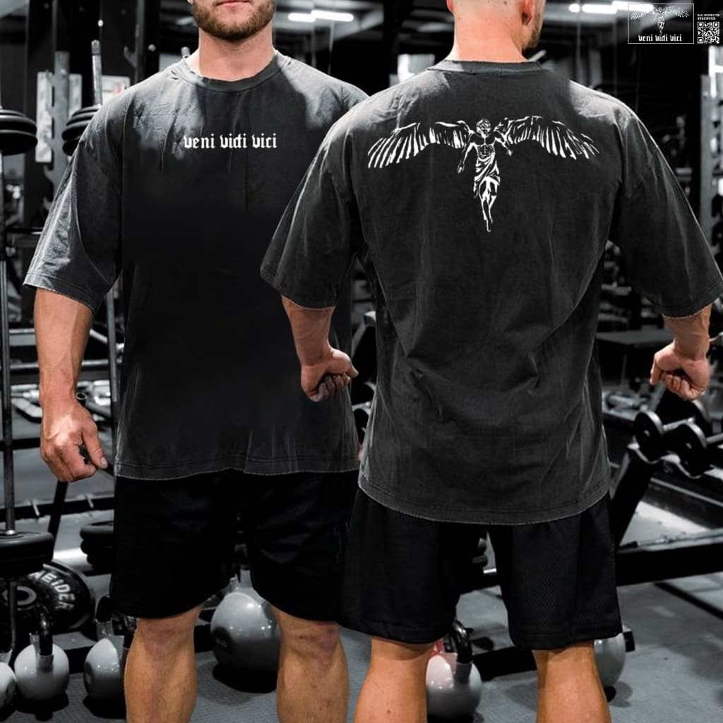 Camiseta Oversized Treino Masculina Academia Anjo Veni Vidi Vici Modelo Unissex 100% Algodão