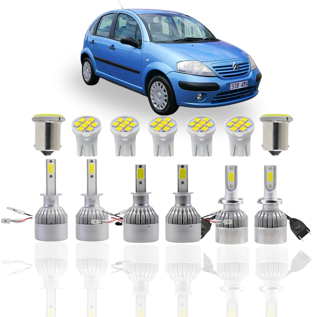 Kit Lâmpada led Citroën C3 ( Farol Alto Baixo Milha Farolete Teto Placa Ré ) H1 H7 H3 T10 1 polo 1156 pingo pinguinho