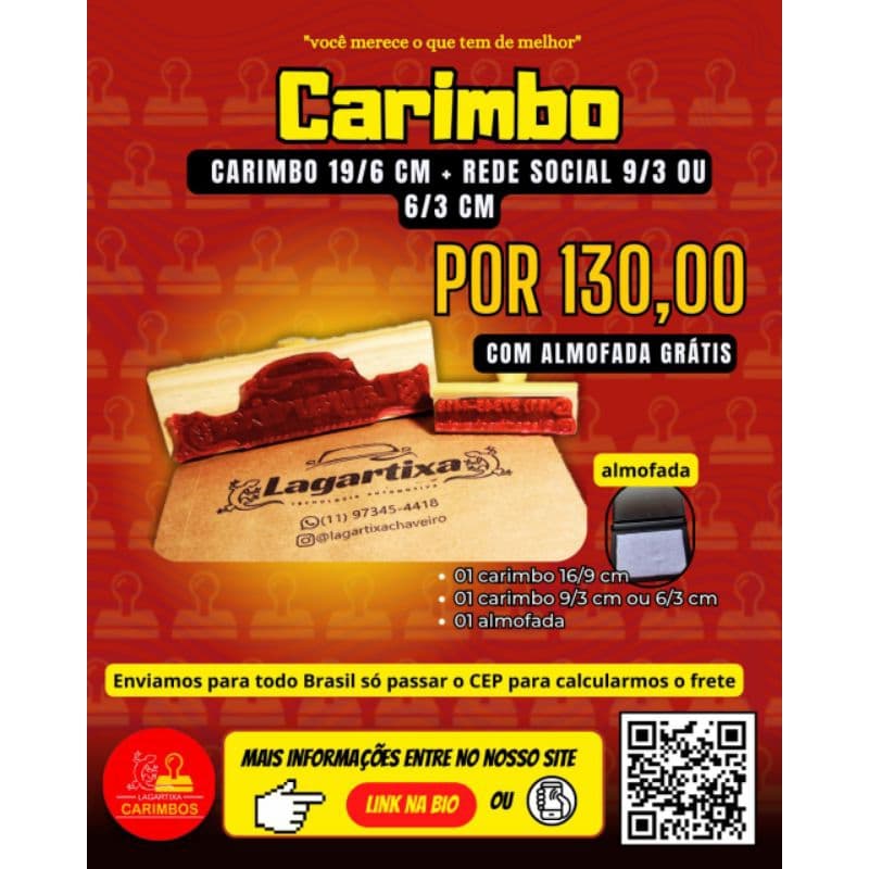 kit carimbo ( 1 carimbo de 19/6 cm + 1 de rede social+ 1 almofada de brinde)