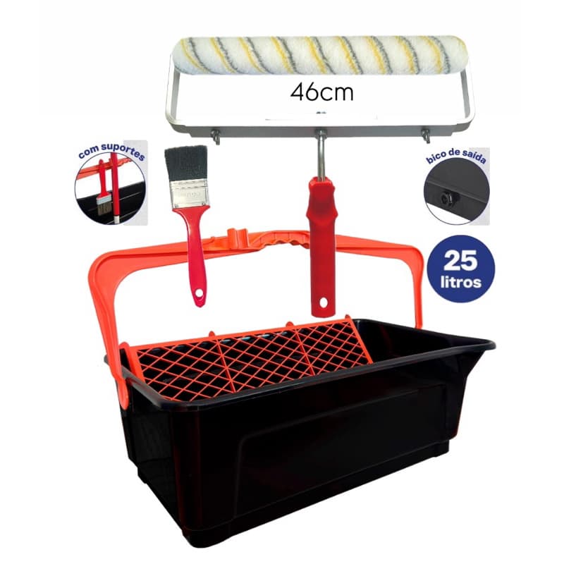 Kit P/ Pintura Gigante C/ Rolo 46cm e Bandeja 25L c/ Alça, Suporte Duplo e Trincha 2"