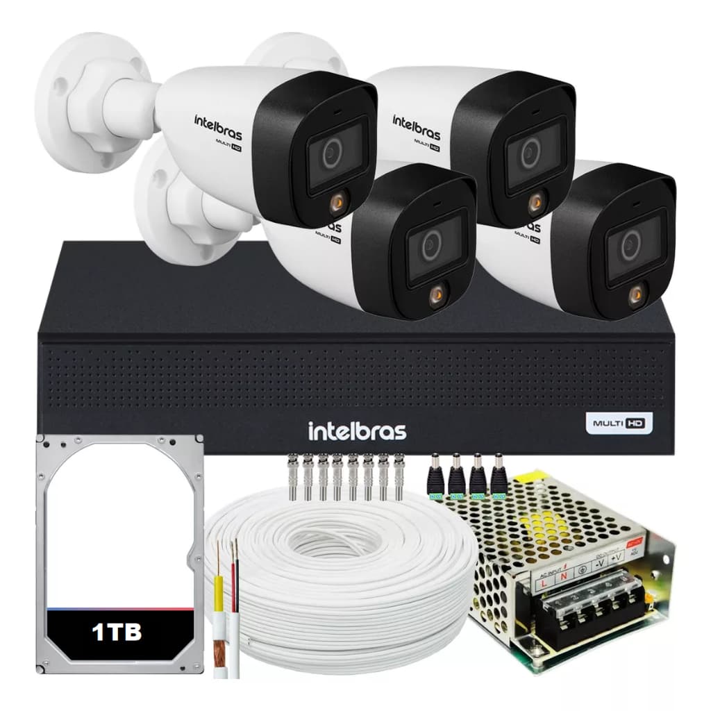 Kit 4 Câmeras 1220 Full Color Dvr Intelbras Mhdx 4 Canais c/hd 1tb