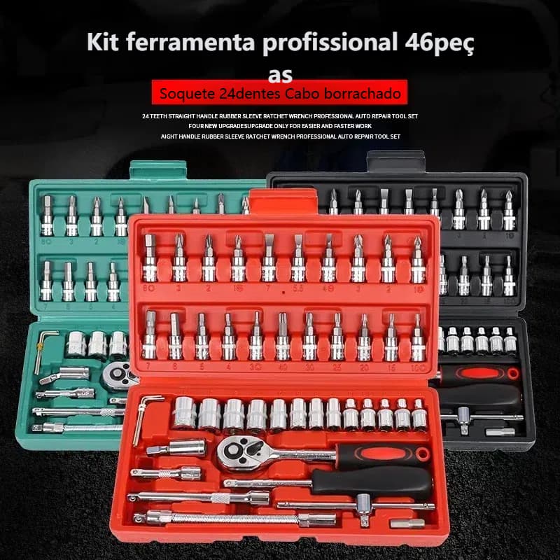 Kit De Ferramentas 46 Peças Jogo De Soquetes Chave Catraca Reversível Com Maleta Jogo De Ferramentas