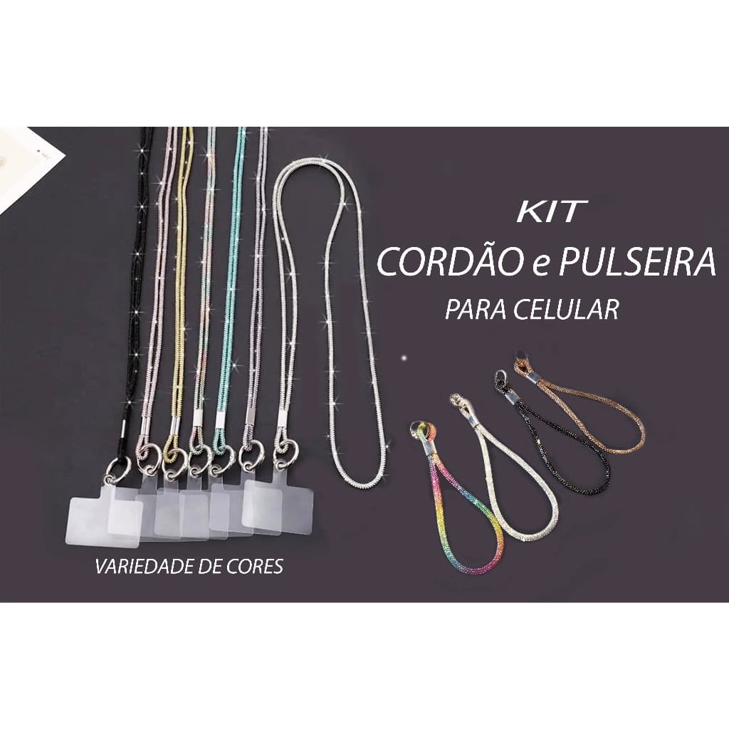 Kit Colar Cordão Alça  Pulseira  Strass Para Celular