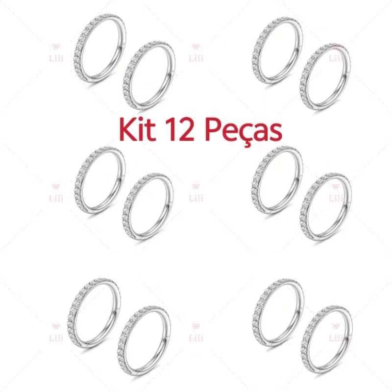 Kit 12 Peças Piercing de Argola Click Aço cirúrgico com Zircônia Prata