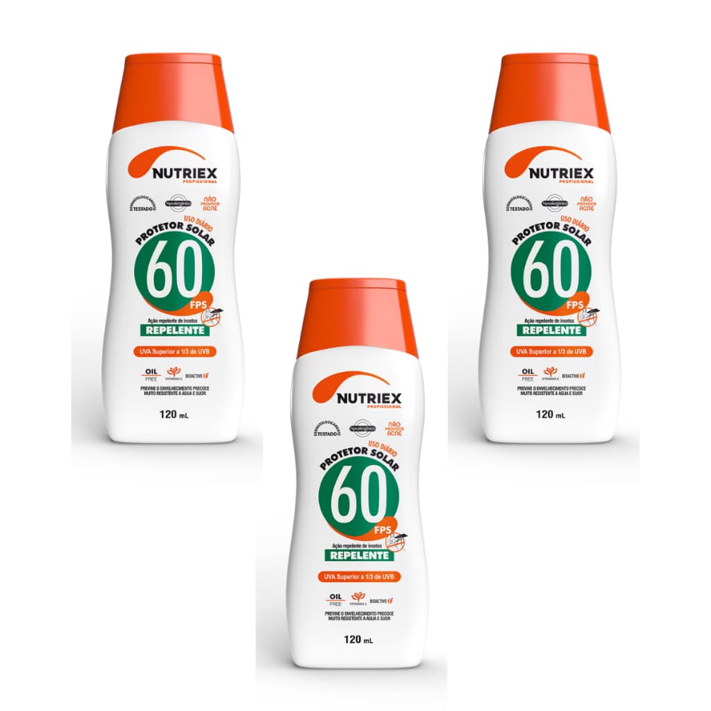 KIT 3 Protetor Solar Nutriex Profissional FPS 60 EPI Repelente Facial Corporal Resistente a Água