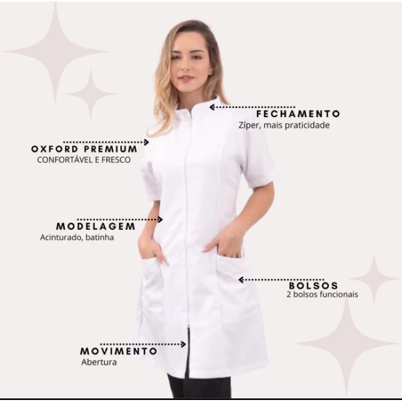 Jaleco feminino Zíper Manga Curta gabardine branco preto e Azul Marinho.