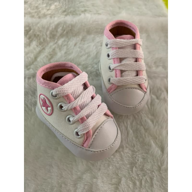 Sapatinho de bebê recém nascido - Tênis Star Feminino Branco c/Rosa