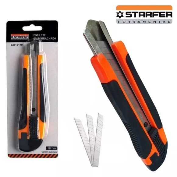Estilete Emborrachado 18mm Reforçado com 3 Lâminas Uso Geral Artesanato Trabalho Multiuso