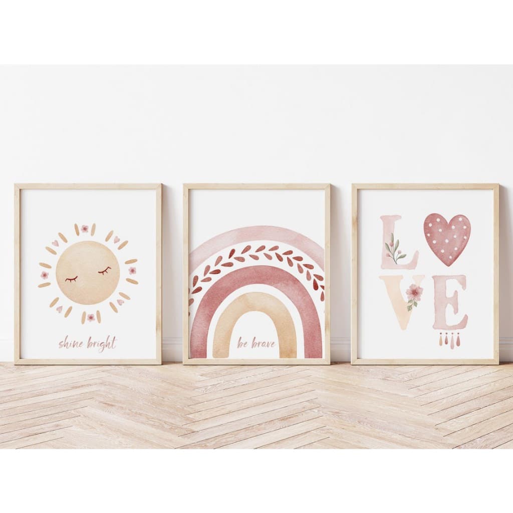 Kit com 3 Quadros Decorativos Infantil com Moldura Love Arco Íris Sol Boho Quarto Menina Bebê
