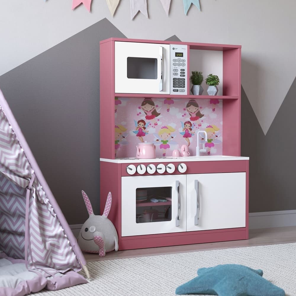 Cozinha Infantil em MDF com Cooktop e Microondas Diana - Branco com Rosa