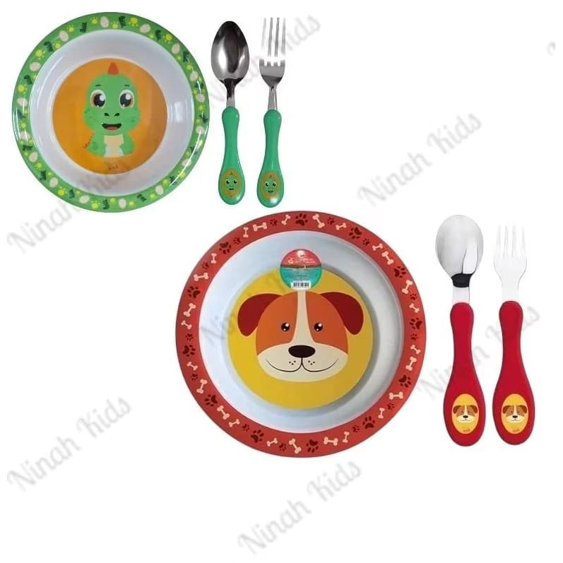 Prato Infantil com Talheres CACHORRINHO  ou DINOSSAURO Pratinho com Garfo e Colher Inox