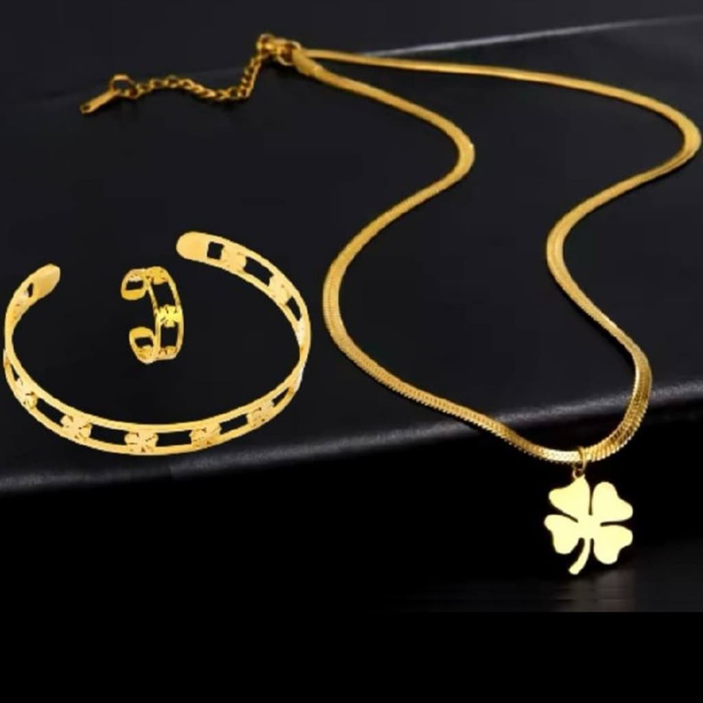 Conjunto 3 Peças Colar Trevo + Anel + Pulseira Feminina em Aço Inox Pingente Trevo da Sorte 4 Folhas
