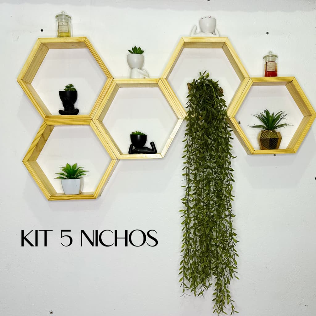 Kit de 5 Nichos tipo Colmeia Hexagonais em Pinus para Decoração