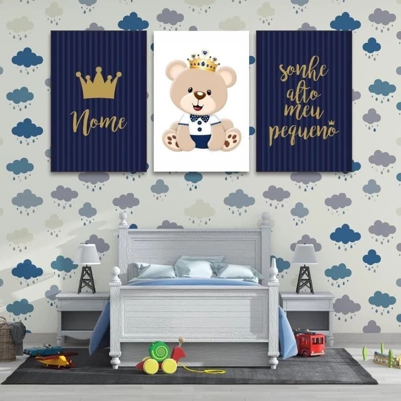 Kit 3 Quadros Decorativos Ursinho Urso Príncipe Infantil Azul com nome Menino Criança Personalizado