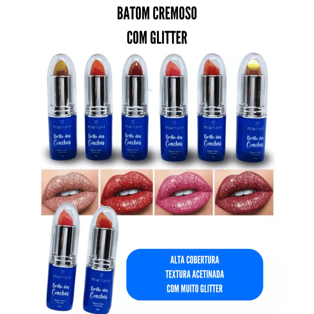 Mia Make Batom Glow Cremoso Com Glitter Brilho das Conchas