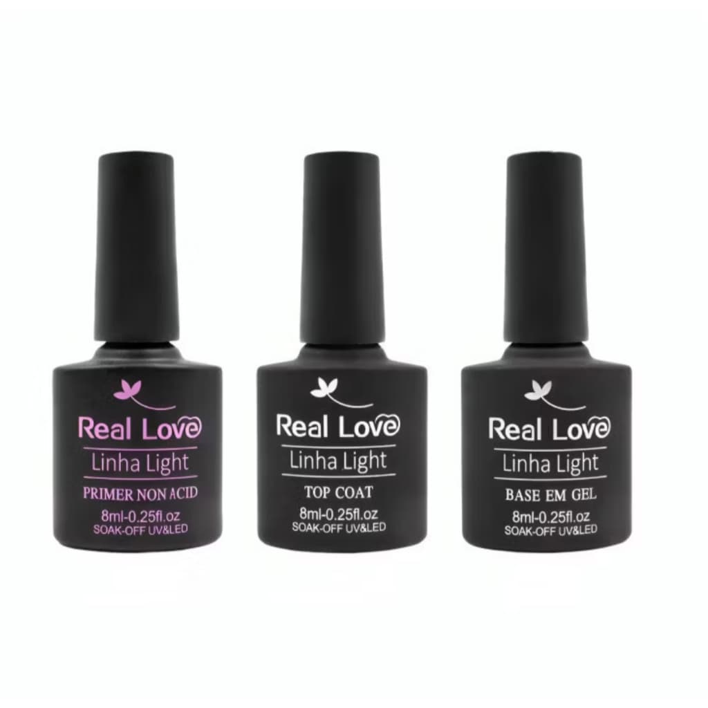 Kit de Preparadores Real Love - 3 unidades (TOP COAT+BASE+ PRIMER SEM ÁCIDO)