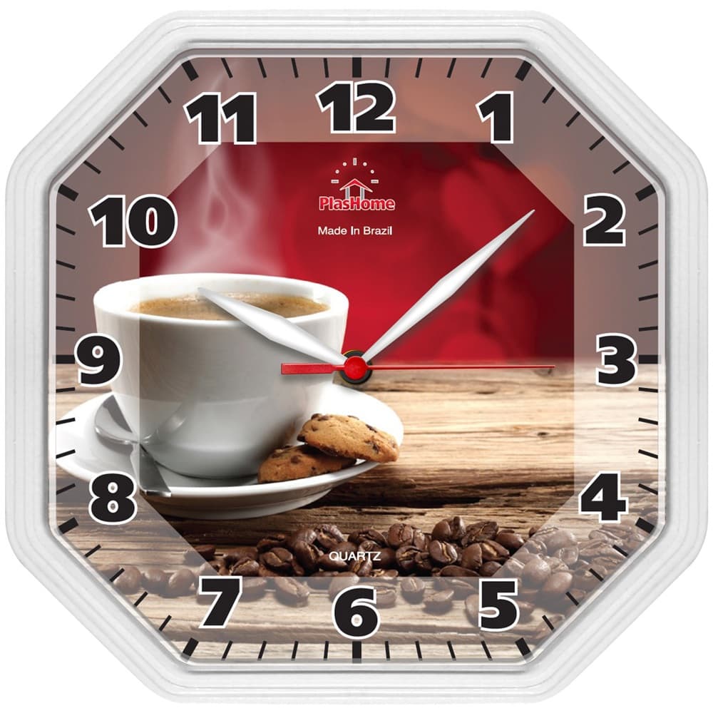 Relógio de Parede Plashome Gama Branco Café Decoração Sala Cozinha Escritório Oitavado