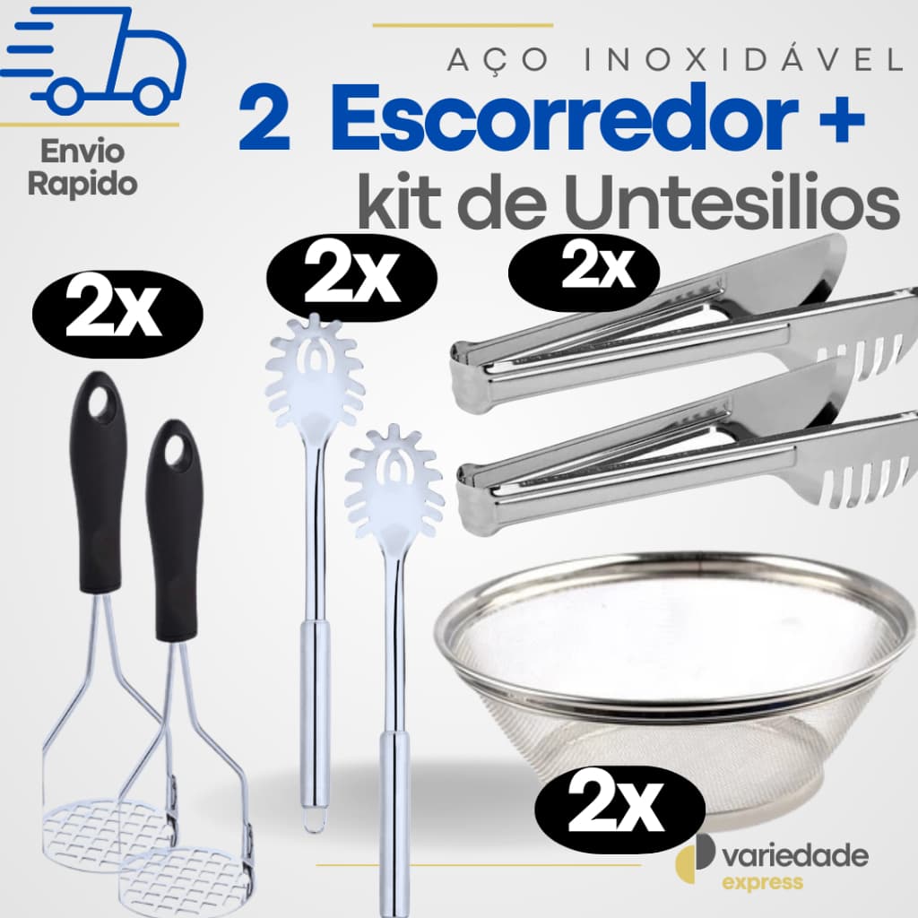 2 Escorredores, 2 Amassadores de Batata, 2 Pegadores de Massa, 2 Pegador de Macarrão Em Aço Inox