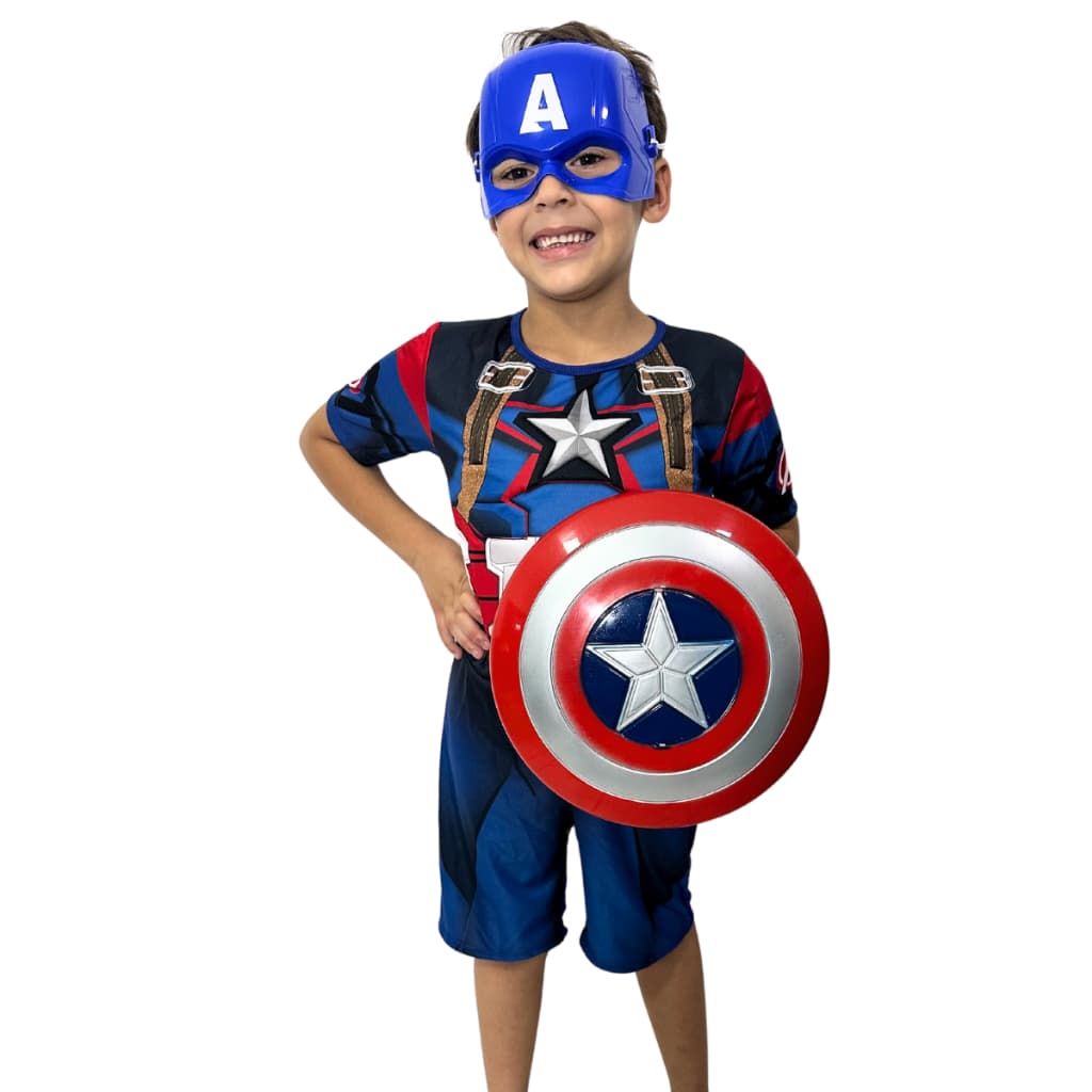 Fantasia Infantil Do Capitão América Curta Com Enchimento Escudo E Mascara Plástico