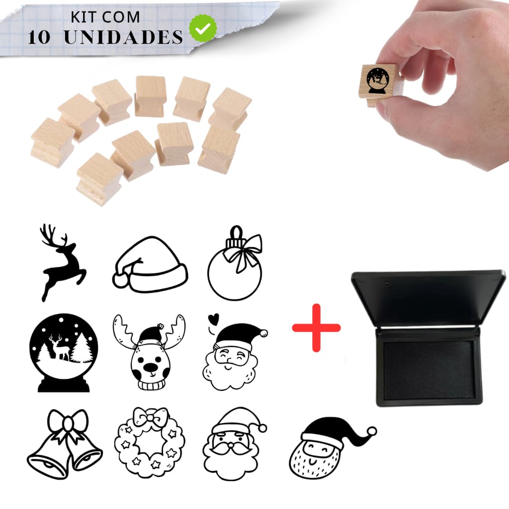 Kit com 10 mini carimbos de Natal | 2cm + Carimbeira | Mini carimbos | Carimbos embalagem Natal