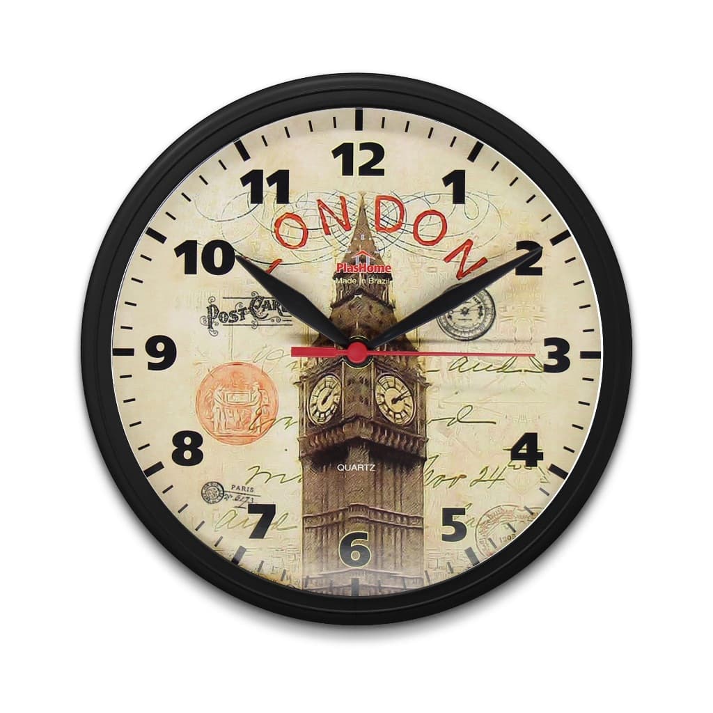 Relógio de Parede Redondo Ômega Preto Londres Plashome Vintage Sala Cozinha e Escritório