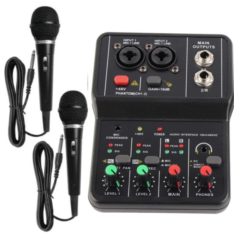 kit 2 microfones mesa de som Mixer 2 canais individuais