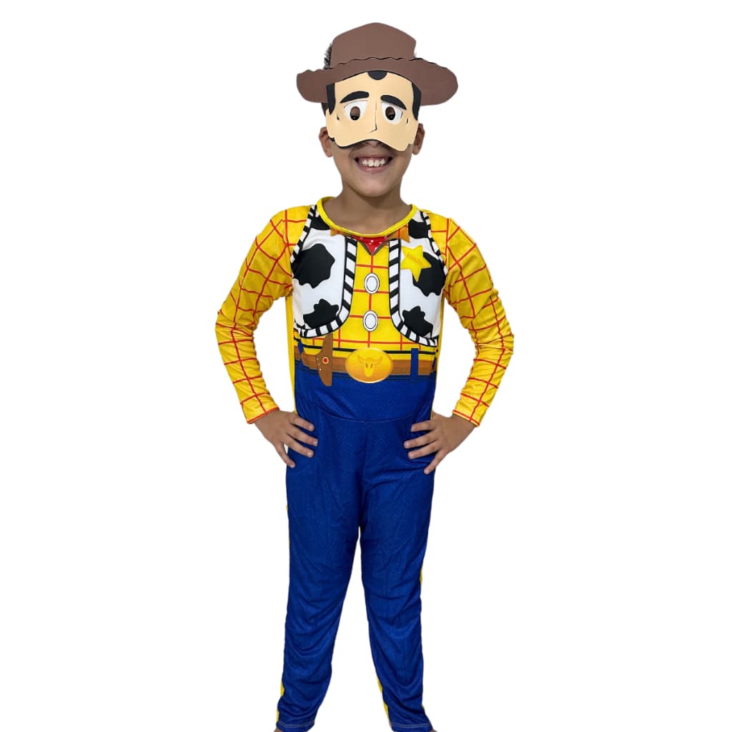 Fantasia Do Woody Toy Story Longa Com Enchimento Mascara De E.V.A Roupa Infantil Cowboy Xerife