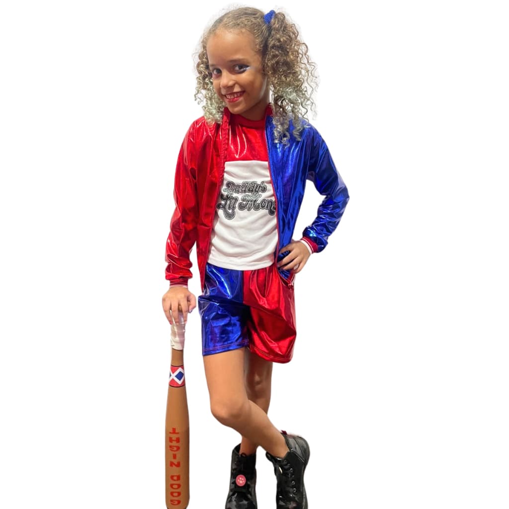 Fantasia Da Arlequina Infantil Harley Quinn C/ Casaco E Taco Roupa Menina Esquadrão Suicida
