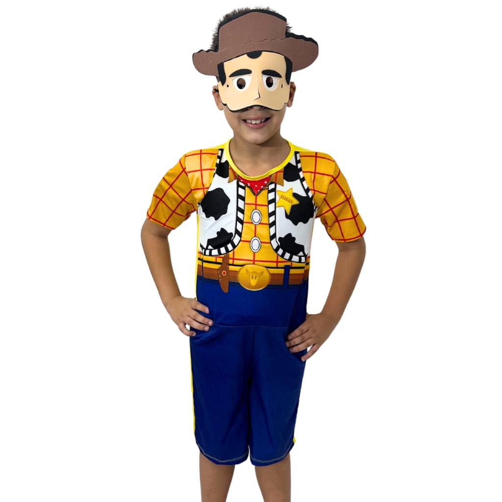 Fantasia Do Woody Toy Story Curta Com Enchimento e Mascara De E.V.A Roupa Infantil Cowboy Xerife