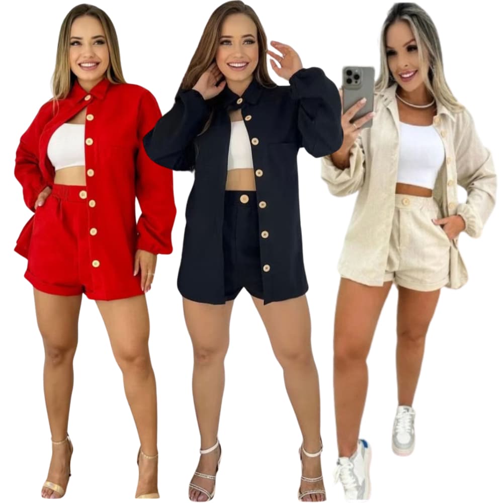 Conjunto Camisa Manga Longa Shorts Linho Elegante Alfaiataria