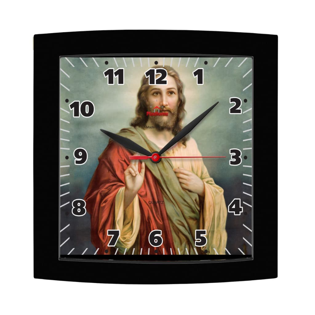 Relógio de Parede Quadrado Alpha Preto Plashome Jesus Cristo Sala Cozinha Escritório