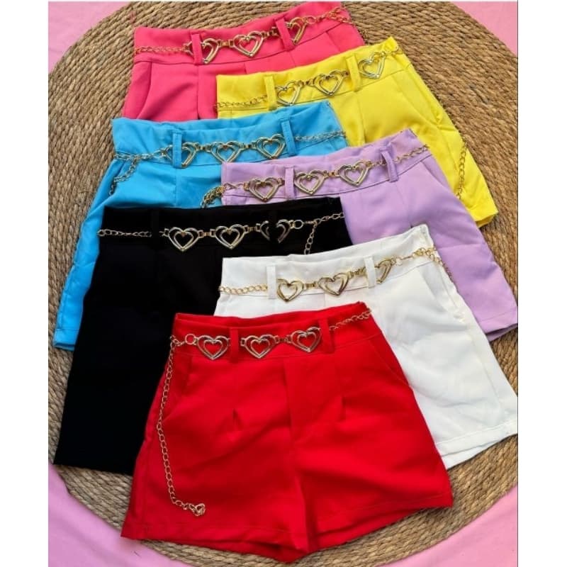 Shorts alfaiataria  com cinto de coração cintura alta com bolso