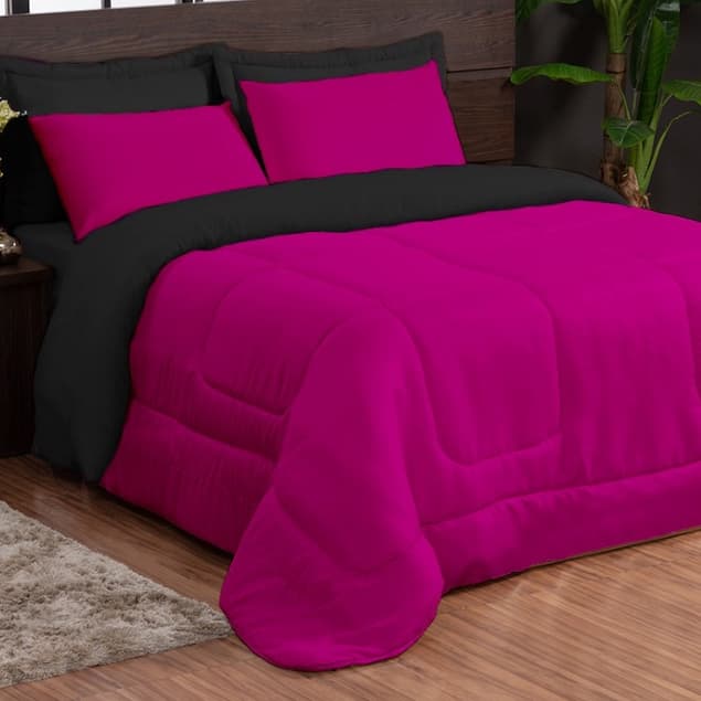 KIT TERNURA EDREDOM CASAL QUEEN DUPLA FACE COM 03 PEÇAS  PROMOÇÃO !  - ( preto / pink )