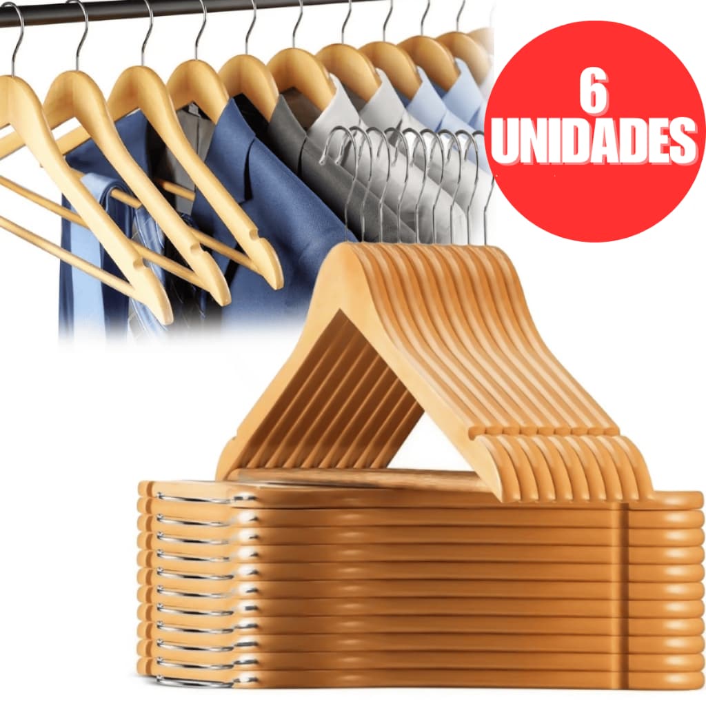 Kit 6 Cabides Madeira Marfim com Verniz e Gancho Cromado para Roupas e Calças