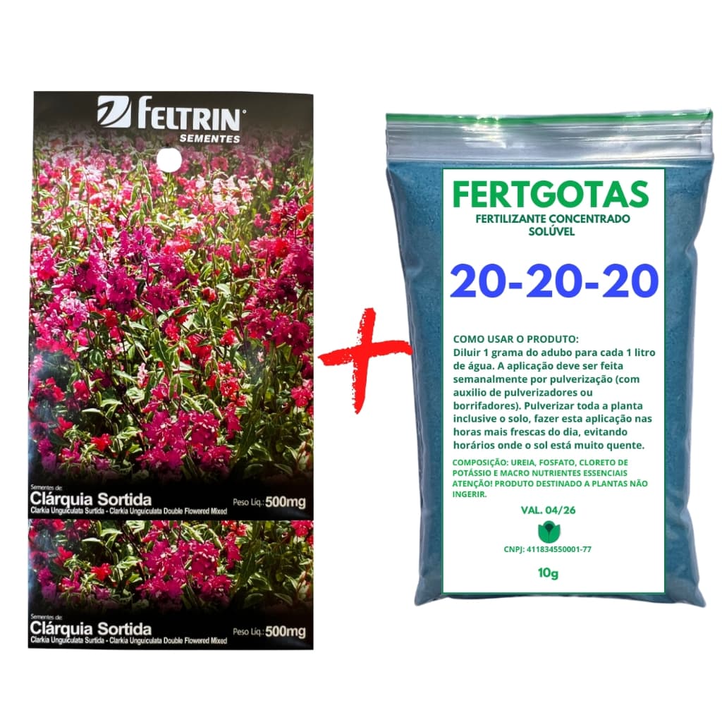 Até 4500 Sementes de Clárquia Sortidas - Feltrin + Fertilizante Solúvel 20-20-20