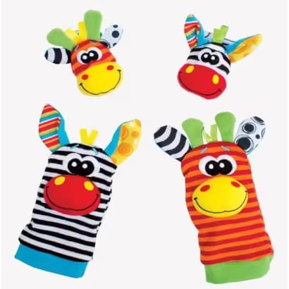 Meia e pulseirinha de Bebê para estimular cores com animais e barulhinhos - 4 peças