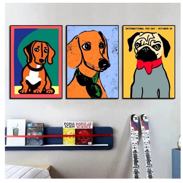 Quadros decorativos Pop Art, Retrato cachorros cores (3 peças)