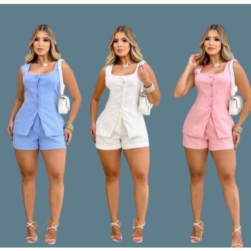 conjunto  femeninno de short colete com 4 botoes Moda Verão