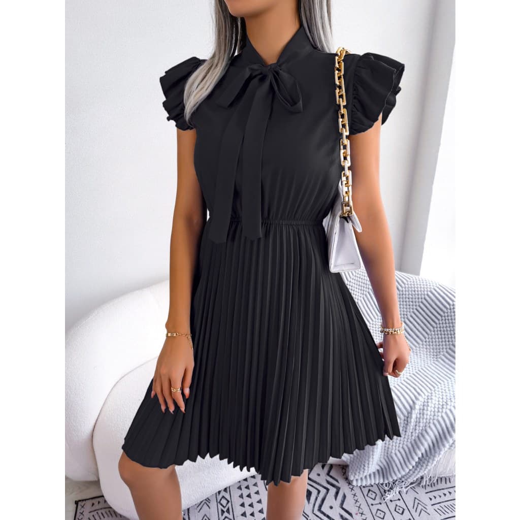 Vestido 2024 Cor Sólida Cintura Cinching Plissado Saia Comute Manga Ondulada Vestido Midi
