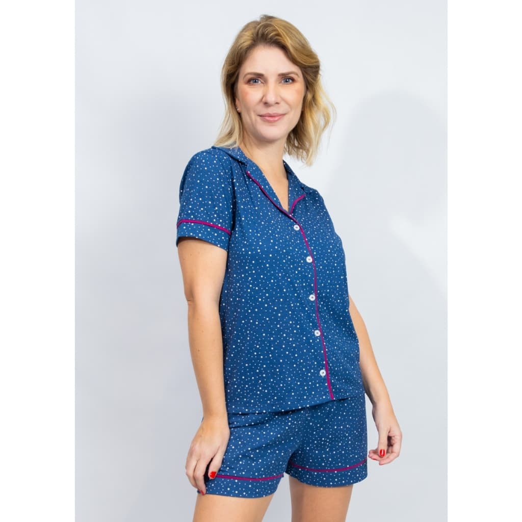 Pijama Feminino Americano Manga Curta Botões Frente Algodão Pós-Cirúrgico Amamentação- Poá Marinho