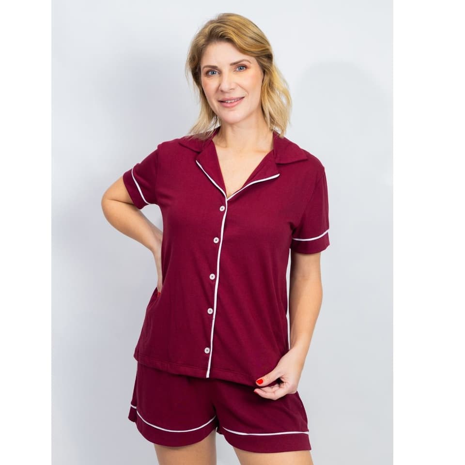 Pijama Feminino Americano Manga Curta Botões Frente Algodão Pós-Cirúrgico Amamentação Verão - Bordô