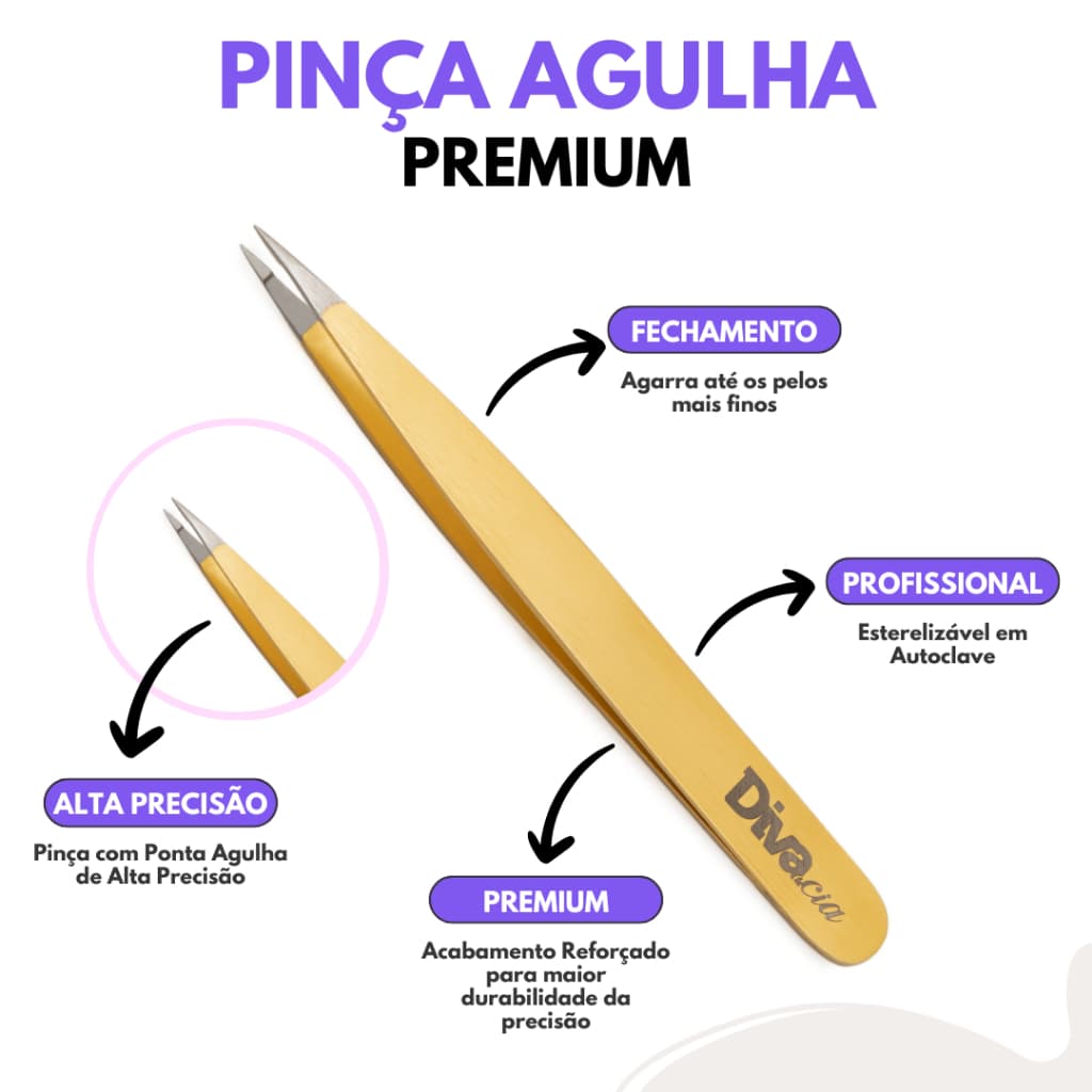 Pinça para Sobrancelhas Ponta Agulha Extra Fina de Alta precisão - Linha Premium Depilação