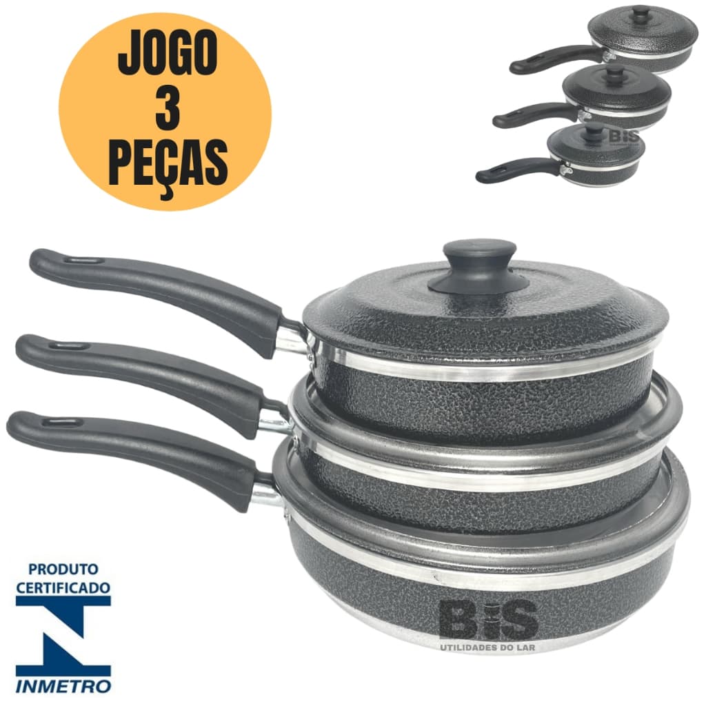 Jogo De Frigideiras Com Tampa N 18 20 22 Em Alumínio Conjunto 3 Peças Preto Craqueado