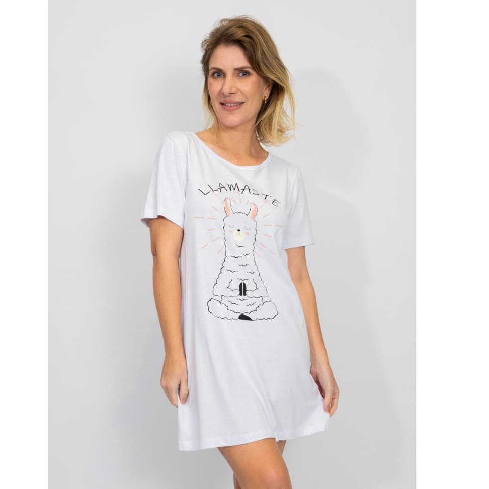 Camisola Feminina Manga Curta Algodão Verão – Branco lhamaste