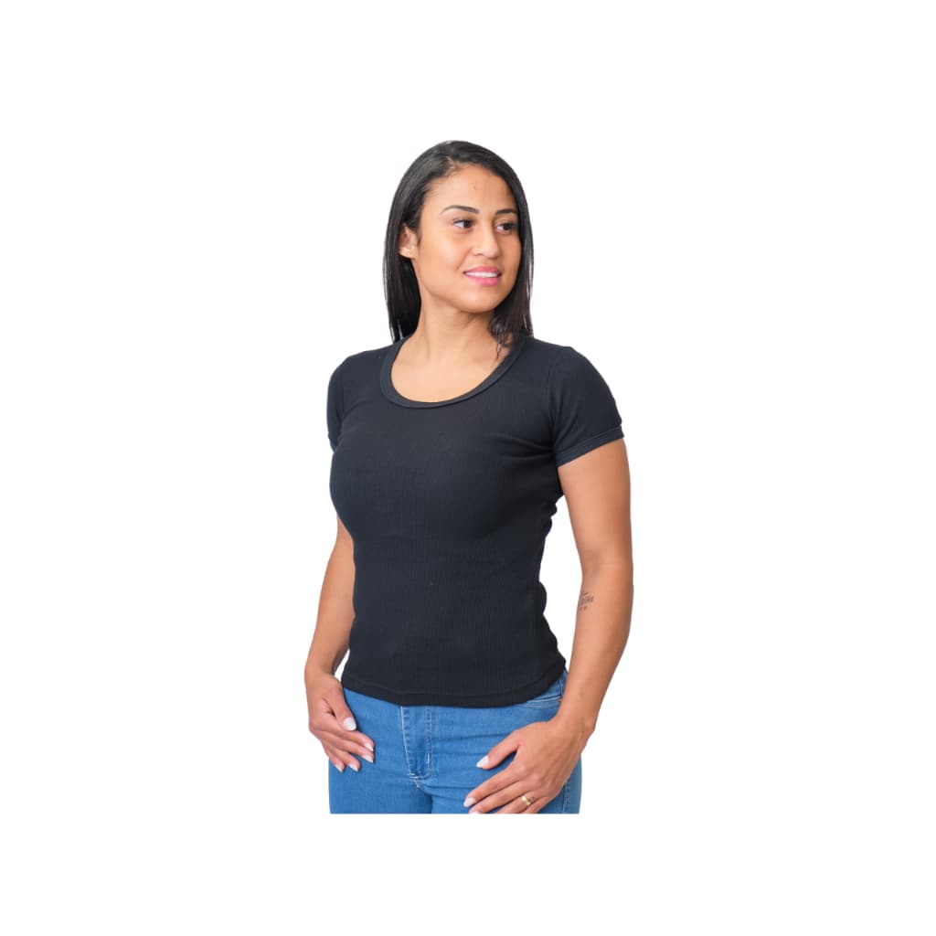 Camiseta Feminina Canelada Manga Curta Algodão E Elastano