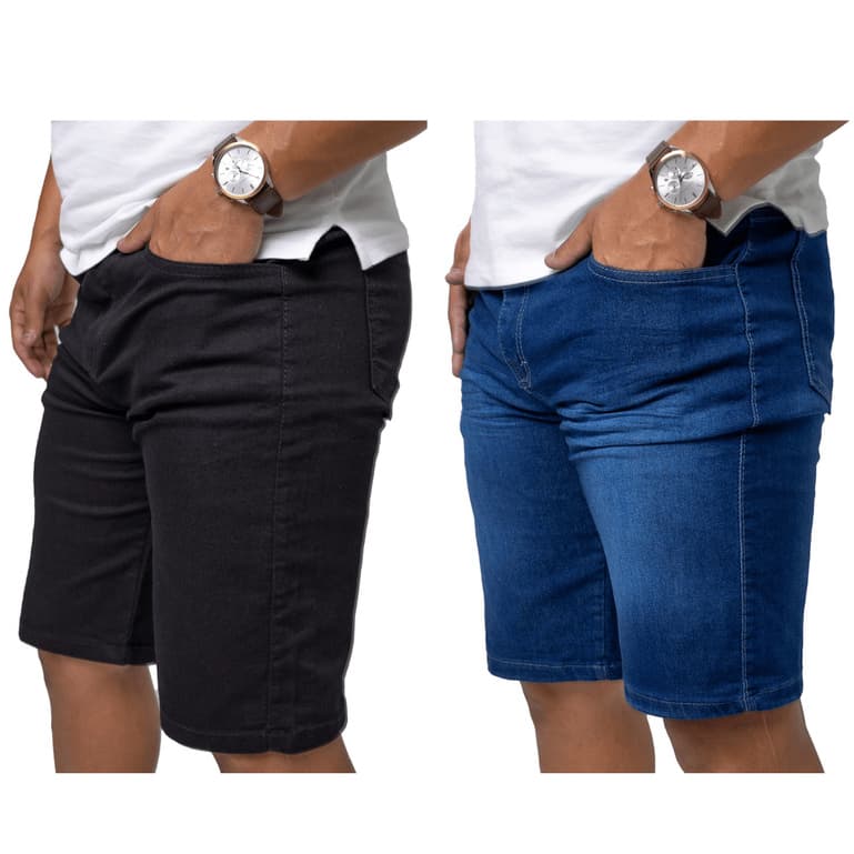 Kit 2 Bermuda Jeans Masculina Preta Azul Short Masculino Elastano Lycra Estilosa Casual Presente Pai